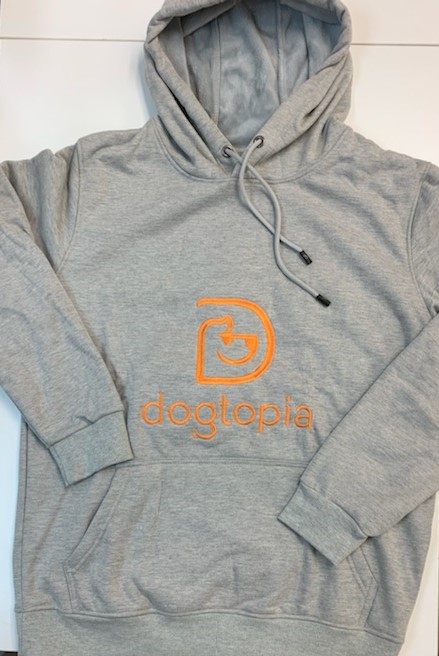 Soft light gray hoodie with Dogtopia in orange second view