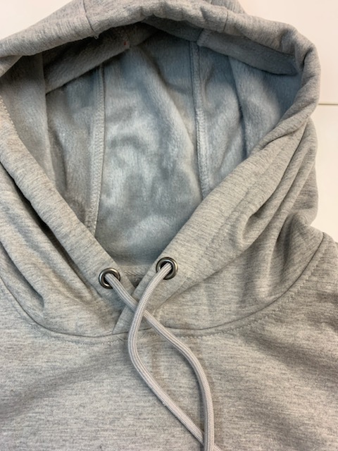 Hood view of Soft light gray hoodie with Dogtopia in orange