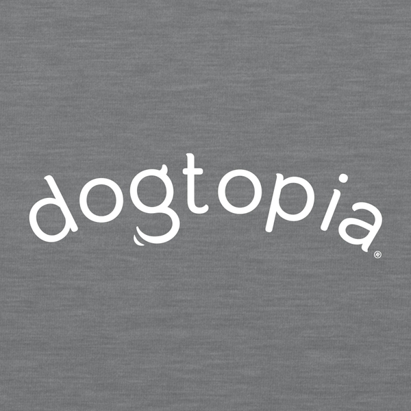 Close-up of dogtopia logo on Gray sweatshirt
